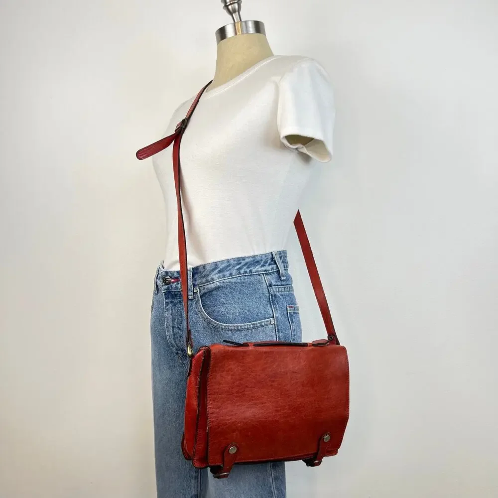 Vintage Red Genuine Leather Classic Cross-Body Messenger Bag Purse